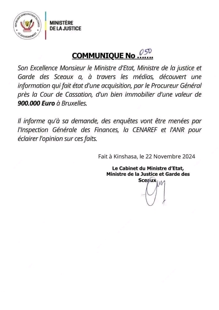 Le 22 novembre 2024, le Ministre de la Justice Constant MUTAMBA avait demandé l'ouverture des enquêtes sur l'acquisition par le Procurer Général près la Cour de Cassation Firmin MVONDE d'un bien immobilier estimé à 900.000 euros à Bruxelles.